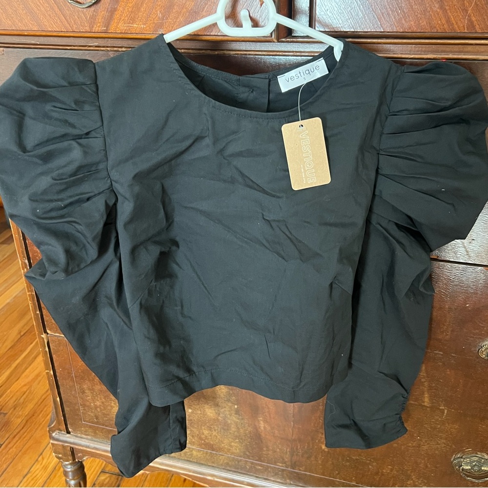 Black puff sleeve long sleeve blouse with button down back size Small